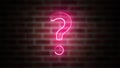Question mark neon sign on a background of brickwork, computer generated. 3d rendering of wireframe symbol with glowing