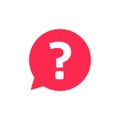 Question mark notification bubble speech vector sign, flat cartoon red question or answer chat message balloon icon or Royalty Free Stock Photo