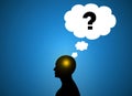 Question mark Over head of a brainstorming Human Brain unknown man . Question Cloud on businessman head in blue background.