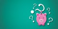Question mark with pink piggy bank on green background. Concept for Financial or investment and economic problems. Royalty Free Stock Photo