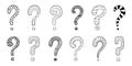 Question mark set hand drawn in doodle style, vector illustration. Icon question symbol for print and design. Quiz and