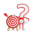 Question Mark Sign Cartoon Character Person Mascot with Archery Target and Dart in Center. 3d Rendering