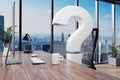 Question mark sitting at modern clean workplace with computer on wooden desk in front of city skyline view hiring conceptual 3D