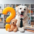 Question mark - solving problem dog finding the answers doing homework with books on white background Royalty Free Stock Photo