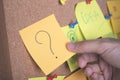 Question mark on sticky note or post is on cork bulletin