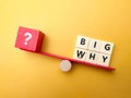 Question mark symbol and wooden blocks forming the word Big Why - Business concept Royalty Free Stock Photo