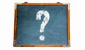 Question mark white sign on a blue old grungy vintage wooden chalkboard or retro blackboard with weathered frame Royalty Free Stock Photo