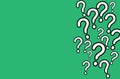 Question mark QA FAQ white signs with black outline stroke random pattern of different sign sizes on a simple green background