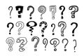 Question marks. Doodle hand drawn isolated set of interrogation signs, inky punctuation icons. Vector collection of Royalty Free Stock Photo