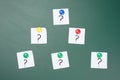 Question marks are drawn on white pieces of paper, green chalk board Royalty Free Stock Photo