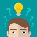 Question marks and one glowing light bulb above head of young man or boy. Insight, inspiration, eureka, aha moment, making Royalty Free Stock Photo