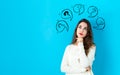 Question marks with speech bubbles with young woman Royalty Free Stock Photo