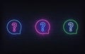 Question neon sign. Glowing neon quiz template signboard set