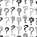 Question seamless pattern. Questions doodle marks, interrogation points random print. Hand drawn creative background