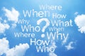 Question word and marks on sky Royalty Free Stock Photo