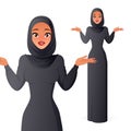 Questioning beautiful Muslim woman in hijab shrugging shoulders. Isolated vector illustration.