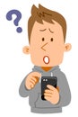 Questioning expression of a young man operating a smartphone