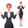 Questioning pretty businesswoman in office wear shrugging shoulders. Isolated vector illustration.