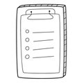 Questionnaire, checklist, to-do list, questionnaire, voting form. A tablet with an attached sheet. Hand-drawn black and white