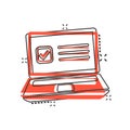 Questionnaire laptop icon in comic style. Online survey vector cartoon illustration on white isolated background. Checklist report