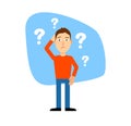 Questions above head. puzzled guy with question marks. Royalty Free Stock Photo