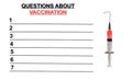 Questions answers ask question mark doubt about vaccine injection side view red drop isolated for cavid-19 coronavirus