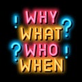 questions why what who when neon glow icon illustration