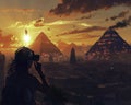 Quests through smart cities at dawn virtual reality smugglers Pharaoh silhouettes under the setting sun Royalty Free Stock Photo