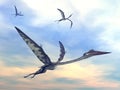 Quetzalcoatlus flying together by sunset - 3D render