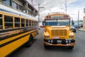 QUETZALTENANGO, GUATEMALA - MARCH 21, 2016: Colourful chicken buses, former US school buses, ride in Quetzaltenango cit