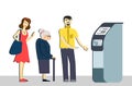 Queue at the ATM.Disgruntled people are standing in line for an isolated background.Senior woman in queue. terminal machine Royalty Free Stock Photo