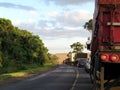 Queue with car and truck, stopped on the highway for maintenance. Congestion Royalty Free Stock Photo