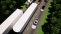 Queue of cars Traffic jam trucks Drone aerial top view