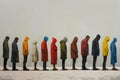 Queue of Diverse People in Colorful Winter Coats on a Plain Background - Ideal for Concepts of Diversity, Waiting, and Weather