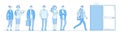 Queue at door. Adult people customers group in casual clothes standing in long line queue outside open door. Vector Royalty Free Stock Photo