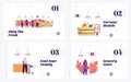 Queue in Grocery Landing Page Template Set. Customers Characters in Medical Masks Stand in Line with Goods Keep Distance