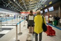 Queue of passengers at the airport check-in counters, Russia, Moscow, June 22, 2022 Royalty Free Stock Photo