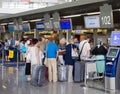 The queue of people in the booking office Vnukovo Airport, Moscow, Russia