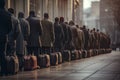 Queue of People with Travel Suitcases Entering Safety Zone in Post-Apocalyptic City