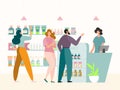 Queue at pharmacy store interior concept, vector illustration. People customers character behind counter, waiting turn