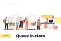 Queue in store concept of landing page with people standing in line at counter desk