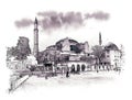 Queue to Hagia Sophia Museum, Istanbul, Turkey. Watercolor sketch.