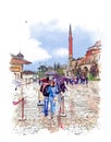 Queue to Hagia Sophia Museum, Istanbul, Turkey. Watercolor sketch.