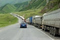 Queue of trucks waiting in line for border customs control