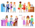 Queue vector people waiting line queuing in long row in supermarket to airport gate or ATM illustration set of woman or