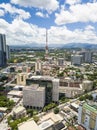 Quezon City, Philippines - Aerial of corporate headquarters of ABS CBN broadcasting center and surrounding cityscape.