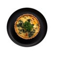 Quiche Au Fromage On Black Smooth Round Plate On Isolated Transparent Background French Dish. Generative AI