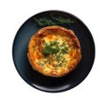 Quiche Au Fromage On Blue Smooth Round Plate On Isolated Transparent Background French Dish. Generative AI