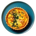 Quiche Au Fromage On Blue Smooth Round Plate On Isolated Transparent Background French Dish. Generative AI