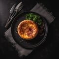 Quiche Lorraine On Black Smooth Round Plate French Dish. Generative AI Royalty Free Stock Photo